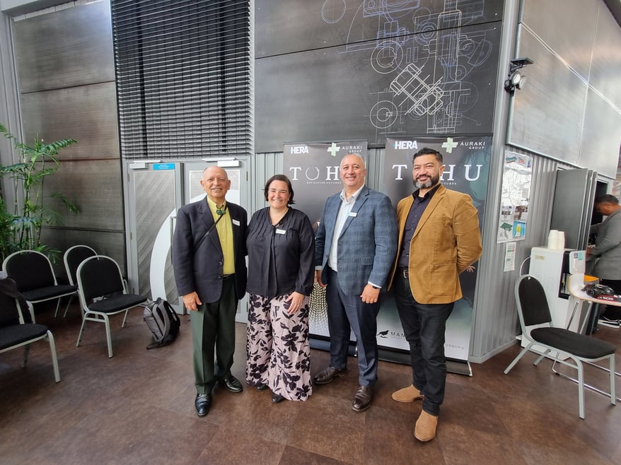 Ako Aotearoa deputy director Dr Jo Te Rito standing with Naomi Manu (Auraki Group), Hagen Tautari (Hanga Aro Rau), and Saul Roberts (Tāmaki Makaurau Office Architecture Ltd).